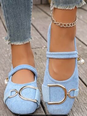 New Beautiful Blue Velvet Mary Jane Square Toe Metal Buckle One-Strap Shoes